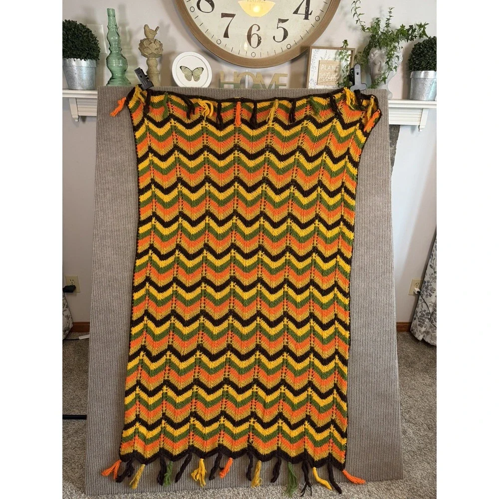 VTG Afghan Chevron Crochet Zig Zag Throw Yellow Orange That 70's Show Boho Retro